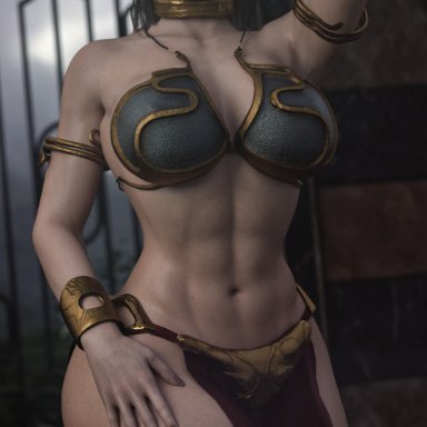 star wars, the force awakens, the last jedi, the rise of skywalker, daisy ridley, rey, slave leia (cosplay), cga3d, erotichris, 1girls, abs, alternate breast size, alternate costume, areolae, armpits