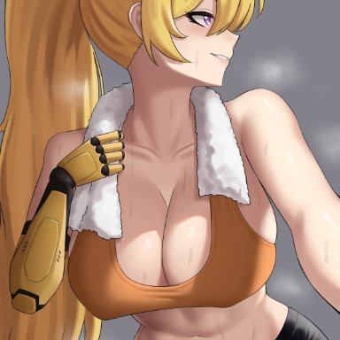 rwby, yang xiao long, cslucaris, 1girls, athletic female, big breasts, black pants, blonde female, blonde hair, breasts, long hair, long hair female, ponytail, purple eyes, robotic arm