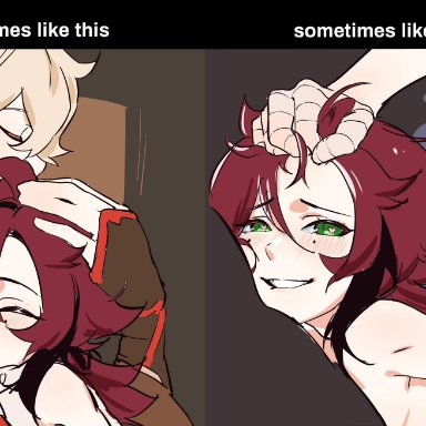 genshin impact, kaedehara kazuha, shikanoin heizou, 2boys, before and after, gay, hair pull, heart-shaped pupils, hug, hugging, lip biting, ponytail, sex, smile, twink