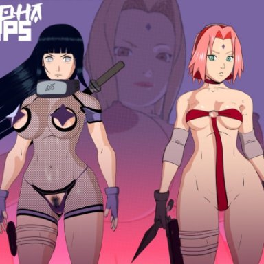 battle maidens, naruto, naruto (series), naruto shippuden, hyuuga hinata, sakura haruno, tsunade, crisisbeat, 3girls, big breasts, black hair, breasts, female, female only, fishnet bodysuit