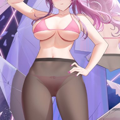 honkai (series), honkai: star rail, kafka (honkai: star rail), qing wu, ass, bare arms, black pantyhose, blush, bra, breasts, broken mirror, collarbone, eyewear on head, female, fingerless gloves