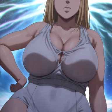 attack on titan, shingeki no kyojin, ymir fritz, shexyo, 1female, 1girls, alternate breast size, big breasts, blonde hair, breasts, clothed, female, light-skinned female, long hair, thick thighs