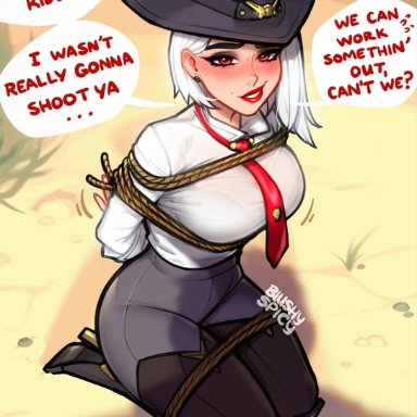 overwatch, overwatch 2, ashe (overwatch), blushyspicy, ass, big ass, big breasts, big thighs, blush, bondage, breasts, clothing, cowgirl, hat, huge ass