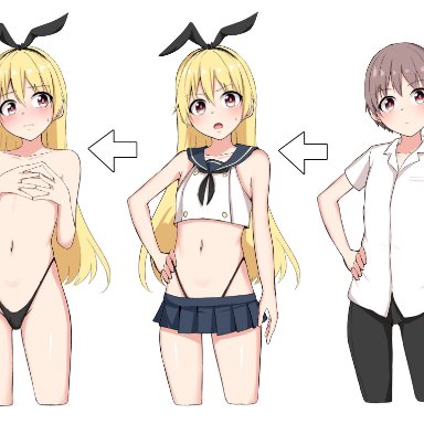 kantai collection, original, shimakaze (kantai collection), shimakaze-kun, baretto (karasi07), 1boy, bare arms, bare shoulders, before and after, bellybutton, black hairband, black panties, black pants, black thong, blonde hair