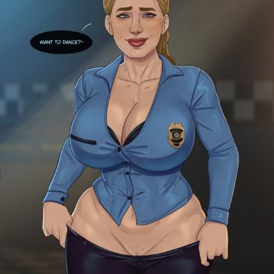 five nights at freddy's, m, vanessa (fnaf movie), vanessa (fnaf), rocner, 1girls, big breasts, blurry background, huge breasts, no panties, police, police badge, police officer, police uniform, policewoman