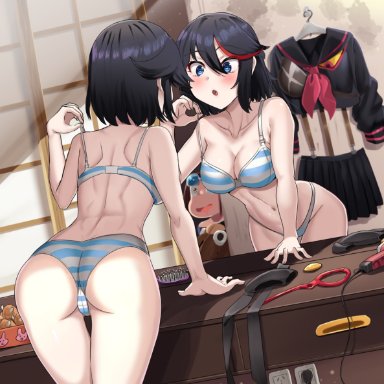 kill la kill, guts (kill la kill), mankanshoku mataro, matoi ryuuko, senketsu, :o, arm support, ass, back, black hair, black serafuku, blue bra, blue panties, bra, breasts