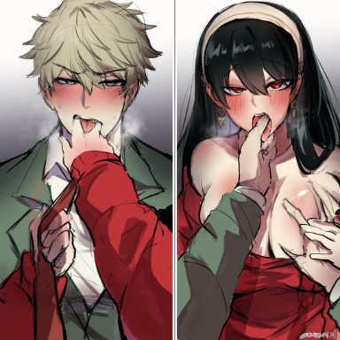 spy x family, loid forger, yor briar, yor forger, kurenaiz1, 1boy, 1girls, aroused, black hair, blonde hair, blue eyes, blush, drooling, earrings, finger on tongue