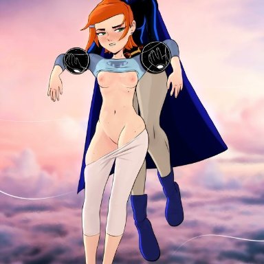 ben 10, dc, teen titans, gwen tennyson, raven (dc), porongoneitor, 2girls, aged up, blush, breasts, carrying, female, female only, light-skinned female, orange hair