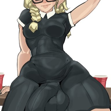 pearl (streachybear), streachybear, 1futa, balls, big penis, blonde hair, bottom heavy, bottomless, breasts, clothed, clothing, flaccid, futa only, futanari, glasses