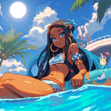 game freak, nintendo, pokemon, nessa (pokemon), pokemon (species), itzah, 1girls, black hair, blue eyes, cute, dark skin, dark-skinned female, female, highlights, hoop earrings