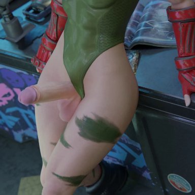 street fighter, street fighter 6, cammy white, blonde hair, erection, futanari, leotard, penis, testicles, 3d, blender, blender (software), blender cycles, high resolution, video