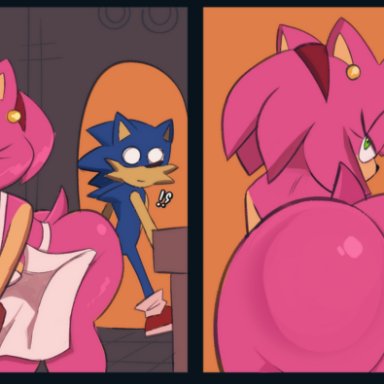 sonic (series), sonic the hedgehog (series), thanksgiving, amy rose, sonic the hedgehog, monamania, !?, 1boy, 1girls, anthro, apron, ass, ass focus, ass up, bending over