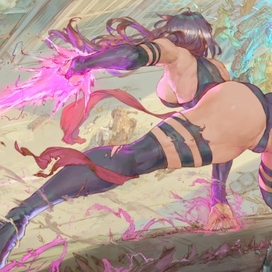 marvel, marvel comics, x-men, magneto, psylocke, cutesexyrobutts, 1girls, action pose, arm strap, arm straps, ass, ass focus, athletic, athletic female, back muscles