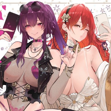 honkai (series), honkai: star rail, himeko (honkai: star rail), kafka (honkai: star rail), dishwasher1910, 2girls, breasts, female, huge breasts, light skin, light-skinned female, long hair, naughty face, pasties, purple hair