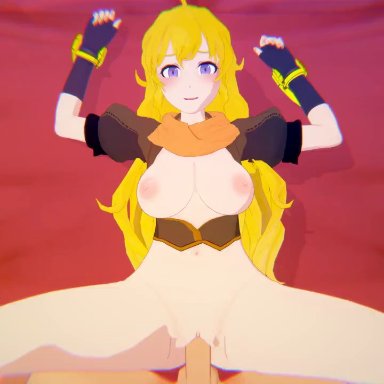 rwby, yang xiao long, anianon, 1boy, 1girls, blonde female, blonde hair, bouncing breasts, breasts, cum, cum in pussy, cum inside, cum leaking, cum leaking out of pussy, fertilization