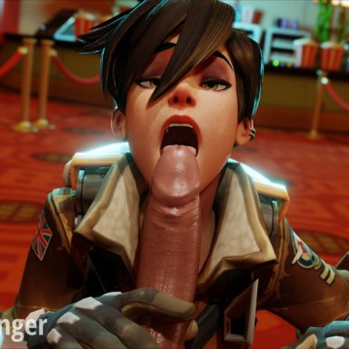 blizzard entertainment, overwatch, overwatch 2, lena oxton, reaper, tracer, dudemcdanger, black eyebrows, blowjob, blowjob face, british, british female, brown eyes, brown hair, clothed
