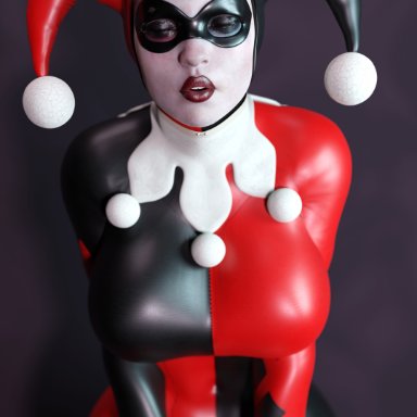 batman (series), dc, dc comics, harley quinn, harley quinn (classic), smitty34, large breasts, makeup, pale skin, pale-skinned female, superheroine, thick thighs, tight clothing, voluptuous, voluptuous female