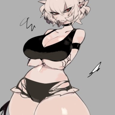 helltaker, malina (helltaker), usa37107692, angry, angry face, annoyed, annoyed expression, ass, big ass, big breasts, big thighs, black clothing, clothing, demon, demon girl