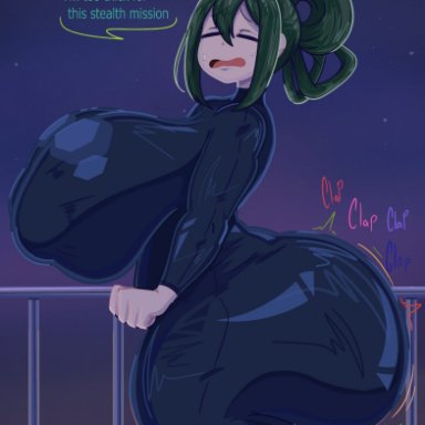 my hero academia, tsuyu asui, inakotho, 1girls, ass, ass clapping, big ass, big breasts, black clothing, bodysuit, breasts, busty, clapping cheeks, closed eyes, clothed