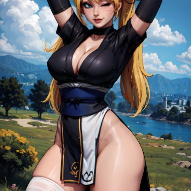naruto, naruto (series), naruko, uzumaki naruto, vertiloart, 1girls, arms behind head, blonde hair, cleavage, contrapposto, elbow gloves, hands behind head, japanese clothes, large breasts, one eye closed