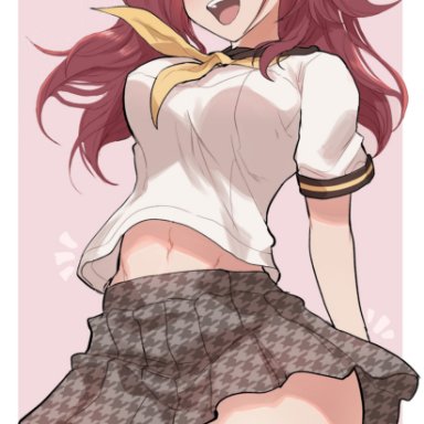 persona, persona 4, shin megami tensei, kujikawa rise, kurosususu, belly, belly button, bouncing breasts, brown eyes, brown hair, earrings, happy, navel, school uniform, schoolgirl