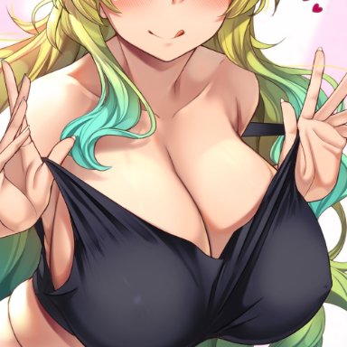 kobayashi-san chi no maidragon, miss kobayashi's dragon maid, lucoa, lucoa (maidragon), quetzalcoatl (dragon maid), osa (osaosa), osaillust, :q, 1girls, bare shoulders, big breasts, blonde hair, blush, breasts, cleavage