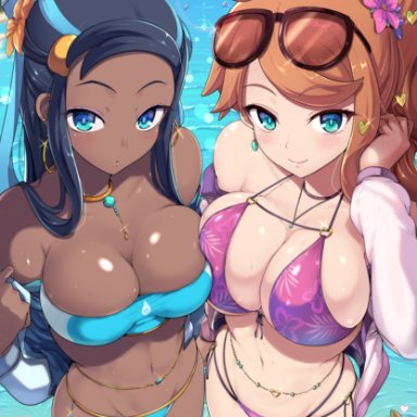 nintendo, pokemon, pokemon ss, nessa (pokemon), sonia (pokemon), kasai shin, 2girls, aqua eyes, beach, bikini, black hair, blue eyes, breasts, chocolate and vanilla, dark skin