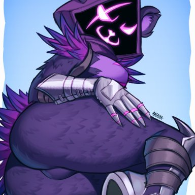 fortnite, raven team leader, raven team leader (fortnite), magaska19, 1girls, big ass, big breasts, furry, hand on butt, hand on thigh, looking at viewer, looking back, purple ears, purple eyes, purple fur