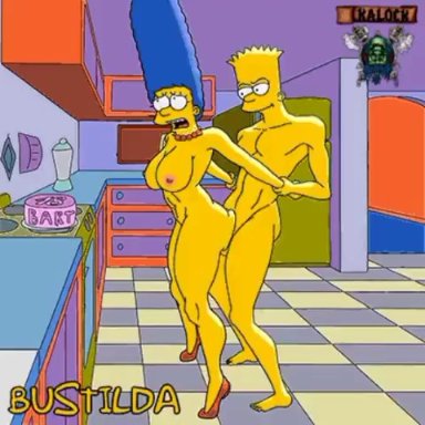 the simpsons, bart simpson, marge simpson, bustilda (artist), !, 1boy, 1boy1girl, 1girls, age difference, aged up, ahe gao, alternate breast size, areolae, arm grab, arms held back