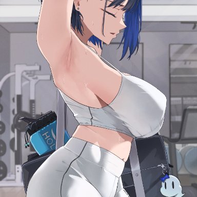 hololive, hololive english, hololive english -council-, ouro kronii, archinoer, 1girls, armpits, blue eyes, blue hair, breasts, female, huge breasts, large breasts, light skin, light-skinned female