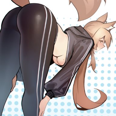 arknights, nearl (arknights), ninra, 1girls, after exercise, animal ear fluff, animal ears, ass, ass focus, ass visible through thighs, athletic, athletic female, bent back, bent forward, bent over
