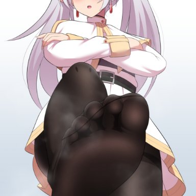 sousou no frieren, frieren, arms crossed, crossed arms, disgusted look, feet, feet up, foot fetish, from below, fully clothed, looking to the side, pantyhose, soles, steamy feet, stepping