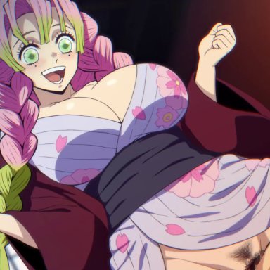 demon slayer, kimetsu no yaiba, kanroji mitsuri, bajima shouhei, 1boy1girl, 1girl1boy, areolae, big breasts, blush, bouncing breasts, braid, breasts, breasts out, cowgirl position, girl on top