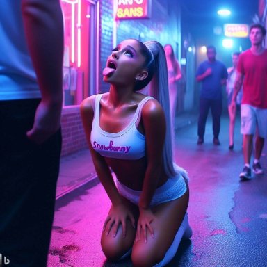 ariana grande, alley, knee socks, kneehighs, on her knees, on knees, public, snowbunny, sticking out tongue, ai generated