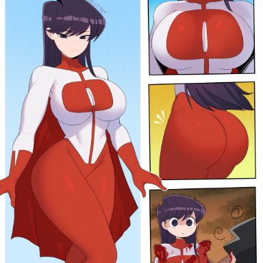 invincible, komi-san wa komyushou desu, komi shouko, omni-man (cosplay), postblue98, 1girls, ass, black hair, breasts, cape, cosplay, dat ass, female, huge ass, huge breasts