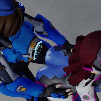 overwatch, cadet oxton, d.va, tracer, kishi, 2girls, ass, big ass, bodysuit, breasts, brown hair, clothed, clothed female, clothes, clothing