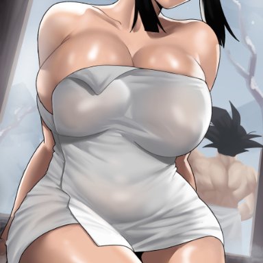 dragon ball, dragon ball z, chichi, son goku, echosaber, 1boy, 1female, 1girls, 1male, big breasts, black hair, breasts, female, husband and wife, long hair