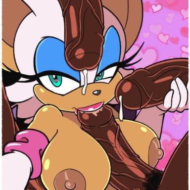 snapchat, sonic (series), rouge the bat, omegasunburst, 1girls, 4boys, anthro, big breasts, black male, breasts, cum, dark-skinned male, eyelashes, furry, gloves