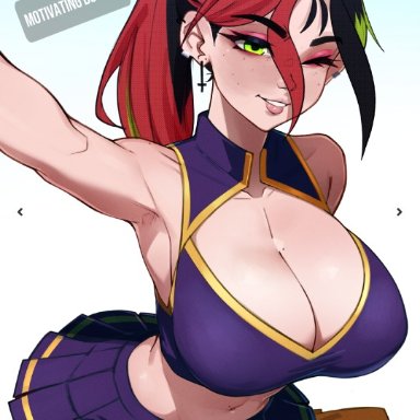 epic games, fortnite, instagram, helsie (fortnite), lilatole, 1girls, armpits, arms up, big breasts, black hair, cheerleader, cheerleader outfit, cheerleader uniform, freckles, freckles on face