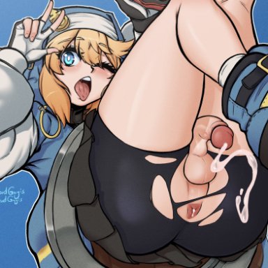 guilty gear, guilty gear strive, bridget, lordguyis, 1boy, androgyne symbol, androgynous, anus, ass, bike shorts, bike shorts under skirt, blonde hair, blue eyes, cum, cum in ass