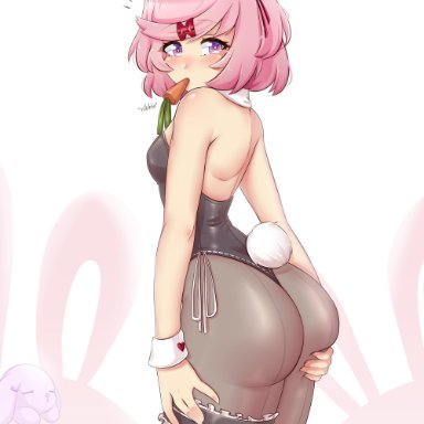 doki doki literature club, raionart, big ass, bunny costume, bunny ears, bunny girl, bunny tail, bunnysuit, pantyhose, pink hair, purple eyes, short hair, small breasts, stockings, thick ass