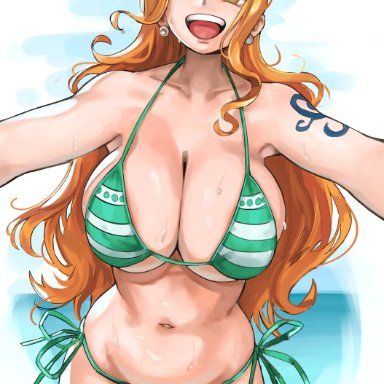 one piece, nami, jerrydurd, big breasts, bikini, hourglass figure, underboob, wide hips, post-timeskip, safe for work