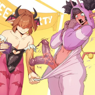 capcom, darkstalkers, halloween, street fighter, juri han, juri han (cosplay), mesara, morrigan aensland, morrigan aensland (cosplay), trevor (sulcate), sulcate, 1boy, 1futa, 5 fingers, assisted exposure