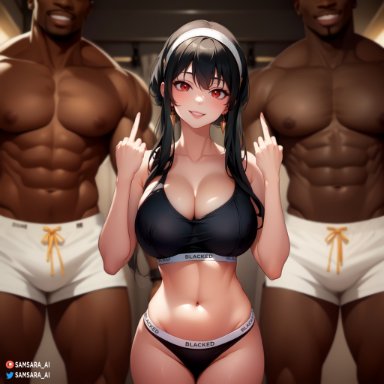 blacked, spy x family, yor briar, yor forger, samsara ai, 1girls, 2boys, big breasts, black hair, blacked clothing, cheating, cheating wife, dark-skinned male, imminent sex, interracial