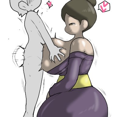 oc, original characters, enigi09, 1boy1girl, age difference, big breasts, curvy, curvy milf, female human, grey skin, hair bun, huge breasts, human, human only, japanese clothes