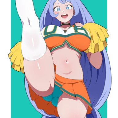 my hero academia, nejire hado, kaos art, 1girls, blue eyes, blue hair, breasts, cheerleader, cheerleader uniform, female, huge breasts, leg up, light skin, light-skinned female, long hair