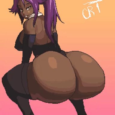 bleach, shihouin yoruichi, crtimesnsfw, 1girls, ass shake, big ass, bouncing ass, bouncing breasts, female only, gradient background, huge ass, looking at viewer, looking back, thick thighs, thighhighs