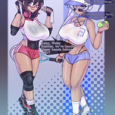 rwby, ruby rose, weiss schnee, scuttlefish, 2girls, black hair, blue eyes, breasts, choker, fingerless gloves, glasses, gym clothes, gym uniform, hat, headphones