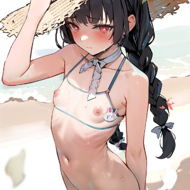 blue archive, rabbit squad (blue archive), srt special academy student, miyu (blue archive), miyu (swimsuit) (blue archive), misaka12003, beach, beach hat, black hair, bottomless, bra, crying, cute, functionally nude, nipples visible through clothing