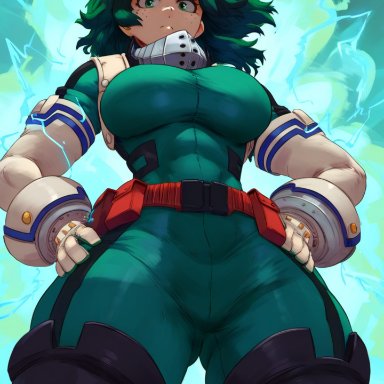 my hero academia, female deku, izuku midoriya, krystalizedart, 1girls, action pose, angry, belt, belt buckle, collar, female, female only, freckles, freckles on face, from below